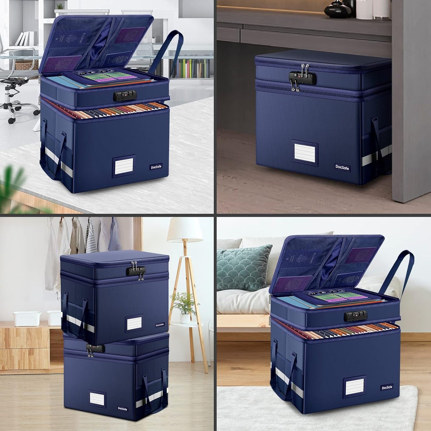 DocSafe File Box with Lock,Multi-Layer Fireproof Document Box Collapsible File Storage Organizer with Pockets/Handle,Large Portable Home Office Filing Box for Hanging Letter/Legal Size Folders,Blue