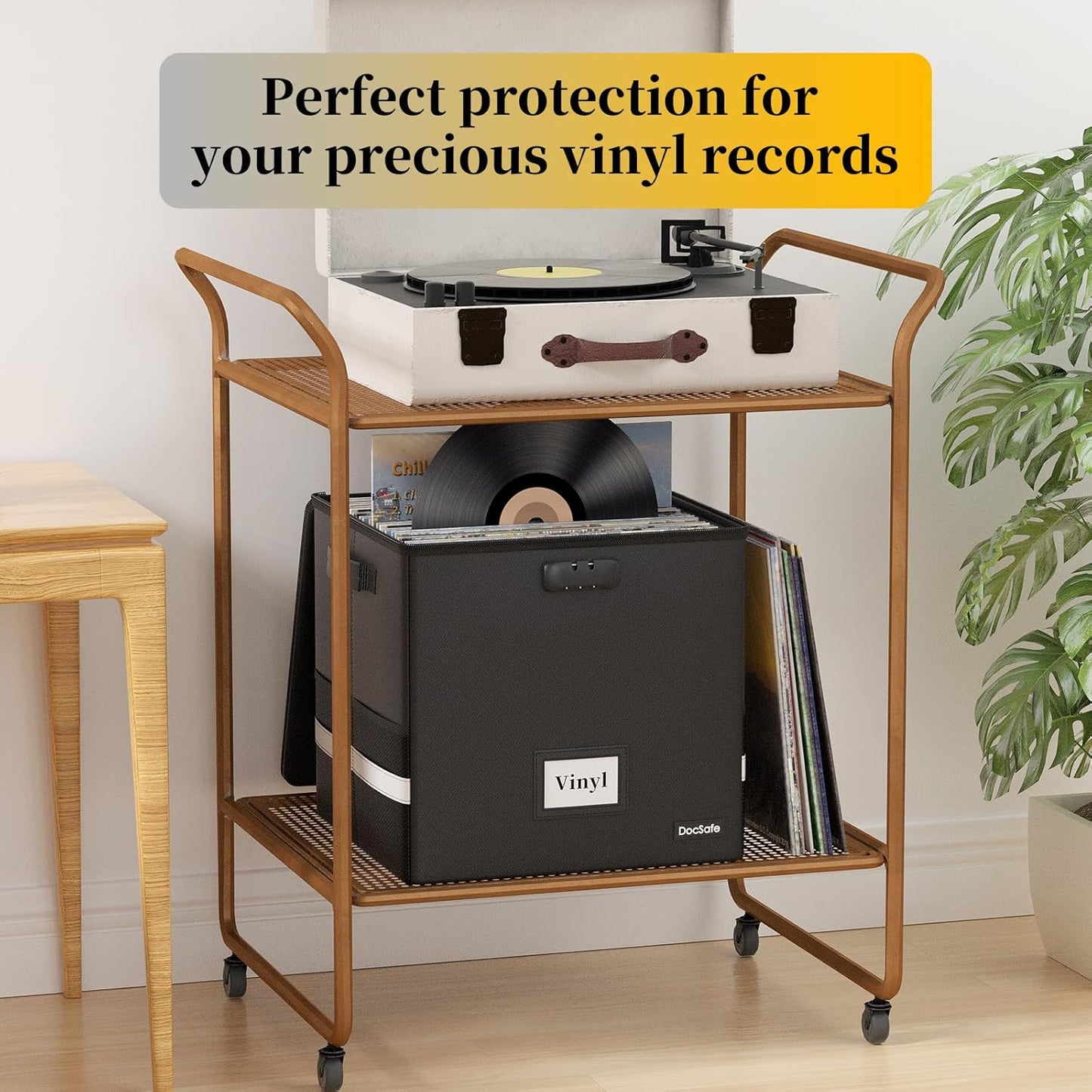 DocSafe Vinyl Record Storage Box with Lock,Fireproof&Water Resistant Record Organizer Storage for 100+ Single Records(12-inch),Collapsible Storage Crate with Lid&Handles for Valuable Album Collection