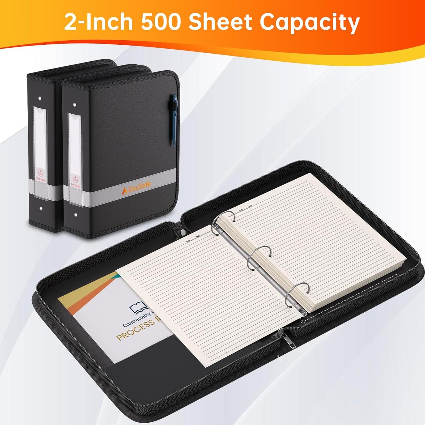 DocSafe 3 Ring Binder,Fireproof 2 Inch Round Ring Binder with Zipper,Fireproof&Dust-Proof Binder Three Ring 2" PVC-Free,Portable School Office Home Binder Supplies for Important Paper,Photos,Cards