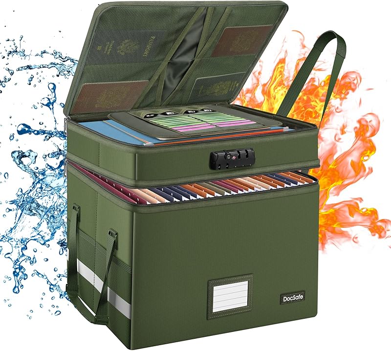 DocSafe File Box with Lock,Multi-Layer Fireproof Document Box Collapsible File Storage Organizer with Pockets/Handle,Large Portable Home Office Filing Box for Hanging Letter/Legal Size Folders,Blue