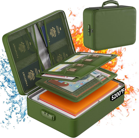 DocSafe 5200°F Document Organizer with Lock,Upgraded Heat Insulated Fireproof&Waterproof Box 8 Layers File Organizer,Portable Home Travel Safe Storage for Important Documents, Files,Green (Soft)