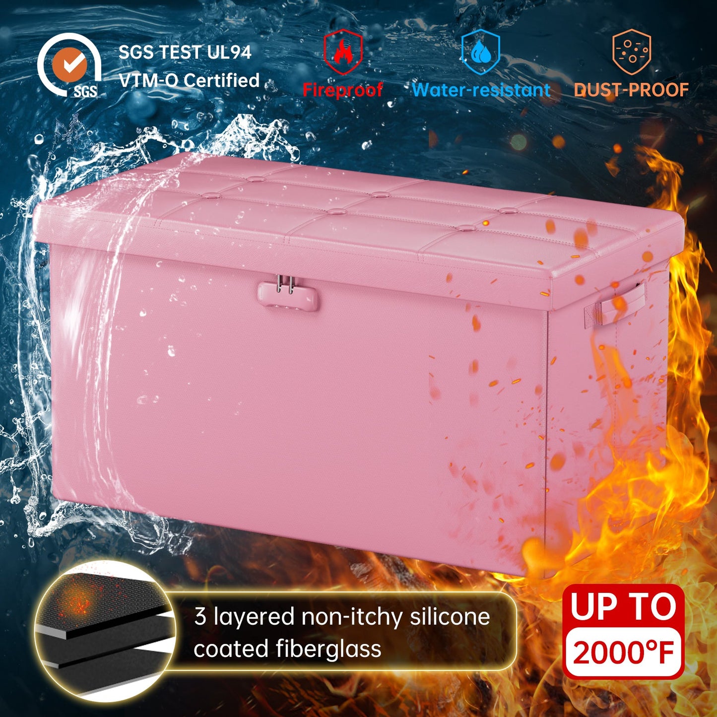 Pink Fireproof Storage Ottoman Bench Folding Bench with Lock