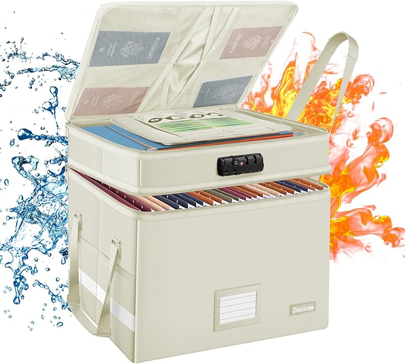 DocSafe File Box with Lock,Multi-Layer Fireproof Document Box Collapsible File Storage Organizer with Pockets/Handle,Large Portable Home Office Filing Box for Hanging Letter/Legal Size Folders,Blue