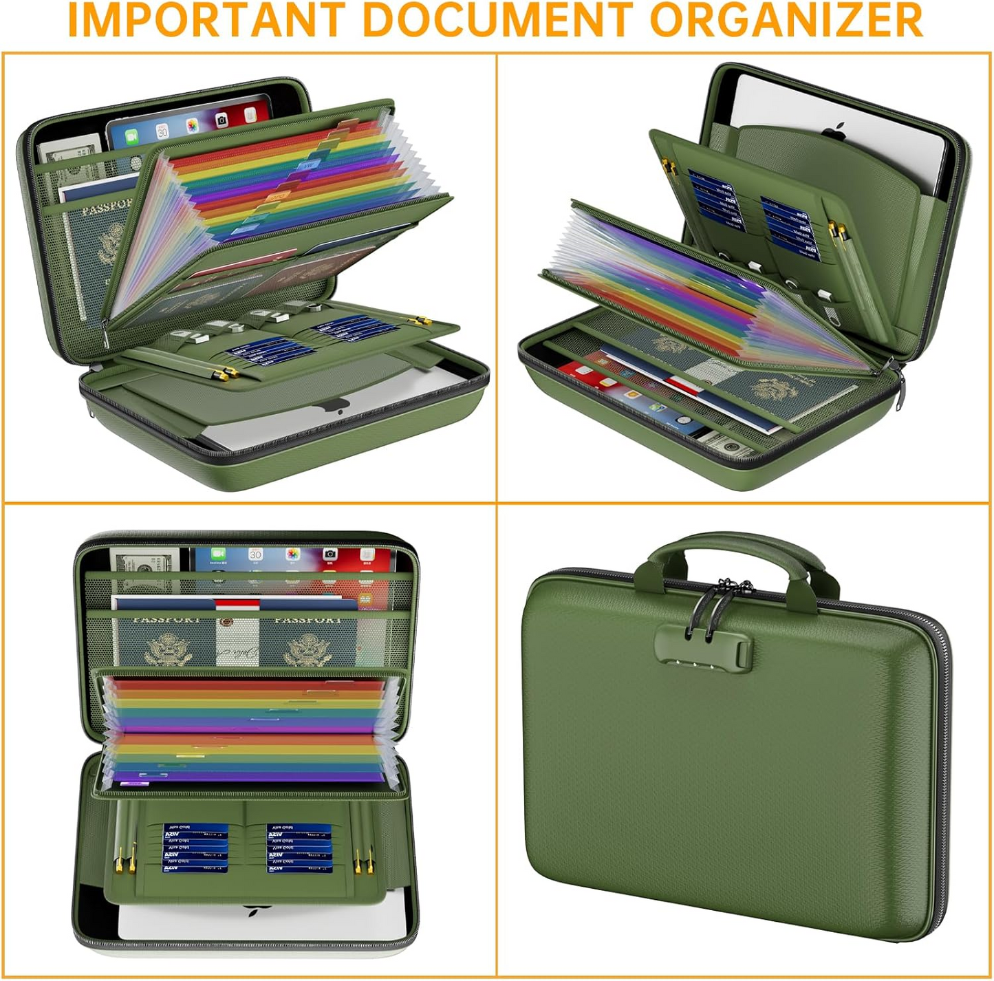DocSafe Fireproof File Organizer with Lock, Hard-Shell Case Fireproof Document Box with 13 Pocket Accordion File Folder, Portable Home Office Travel Safe Storage for Important Documents Laptop Green
