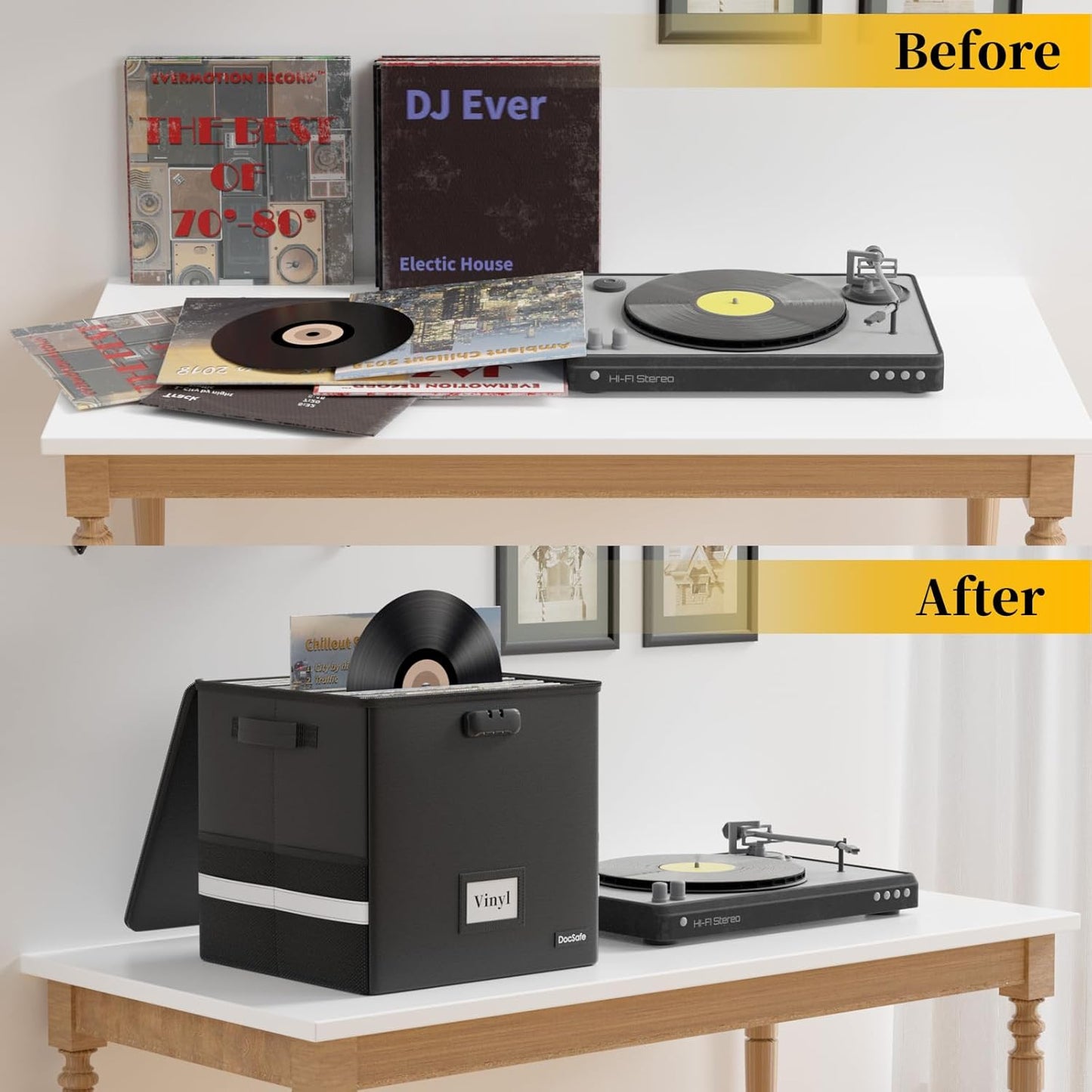 DocSafe Vinyl Record Storage Box with Lock,Fireproof&Water Resistant Record Organizer Storage for 100+ Single Records(12-inch),Collapsible Storage Crate with Lid&Handles for Valuable Album Collection