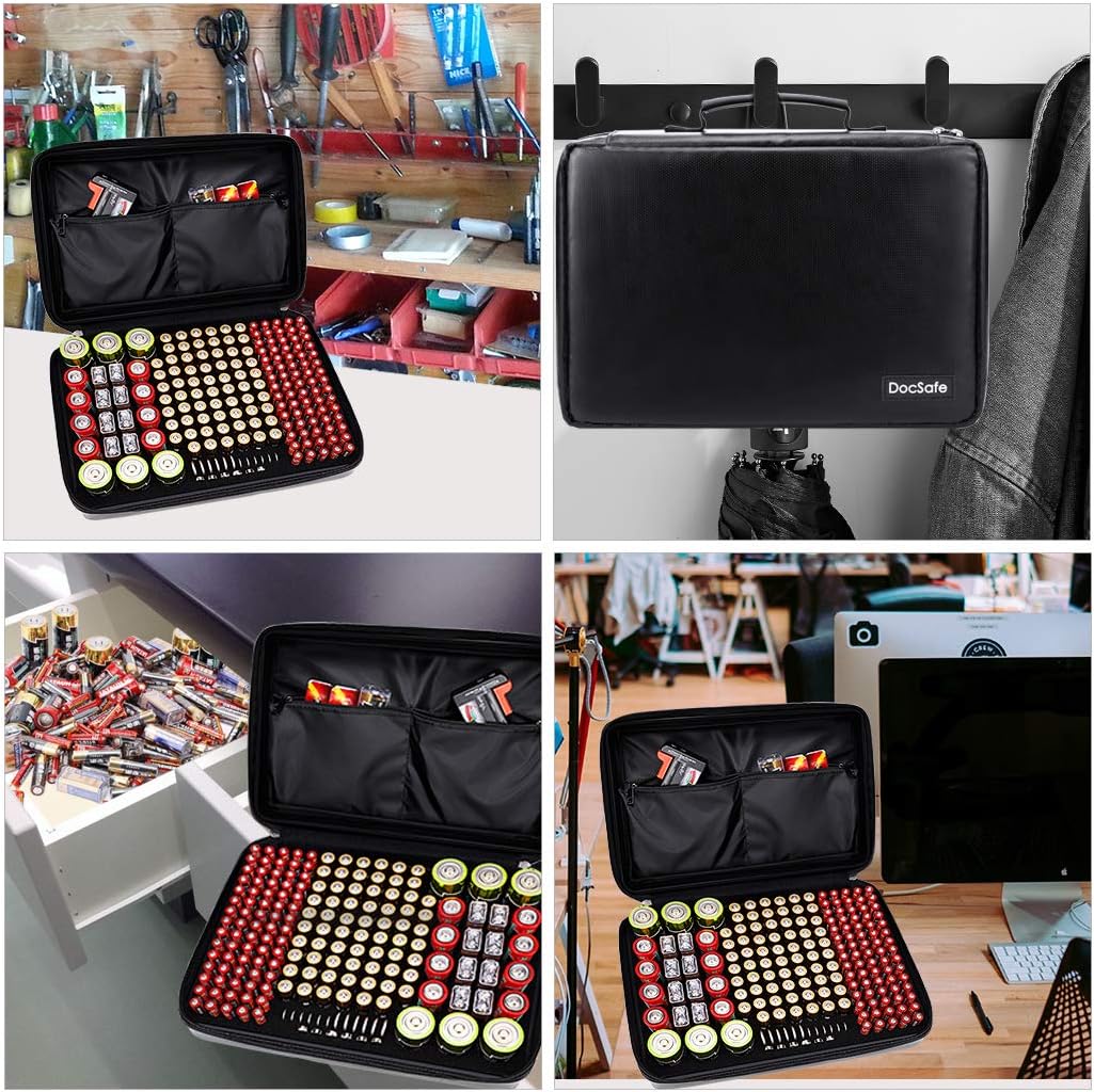 DocSafe Fireproof Battery Organizer Storage Box,Fireproof Waterproof Carrying Case Bag Holder,Safe Storage Holds 200+ Batteries AA AAA C D 9V, with Battery Tester BT-168 (Not Includes Batteries)