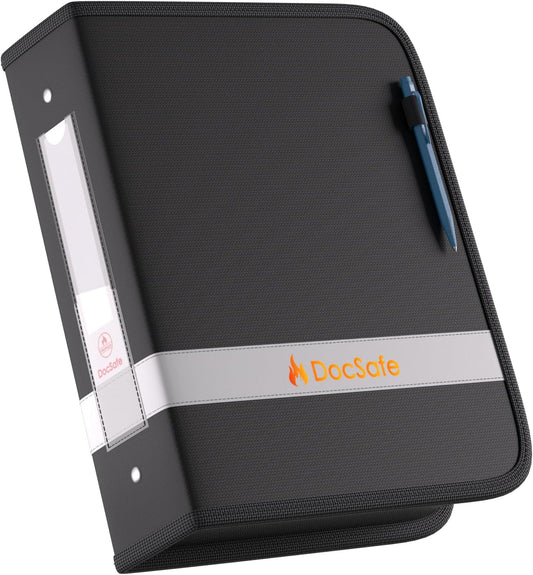 DocSafe 3 Ring Binder,Fireproof 2 Inch Round Ring Binder with Zipper,Fireproof&Dust-Proof Binder Three Ring 2" PVC-Free,Portable School Office Home Binder Supplies for Important Paper,Photos,Cards