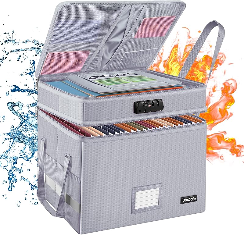 DocSafe File Box with Lock,Multi-Layer Fireproof Document Box Collapsible File Storage Organizer with Pockets/Handle,Large Portable Home Office Filing Box for Hanging Letter/Legal Size Folders,Blue