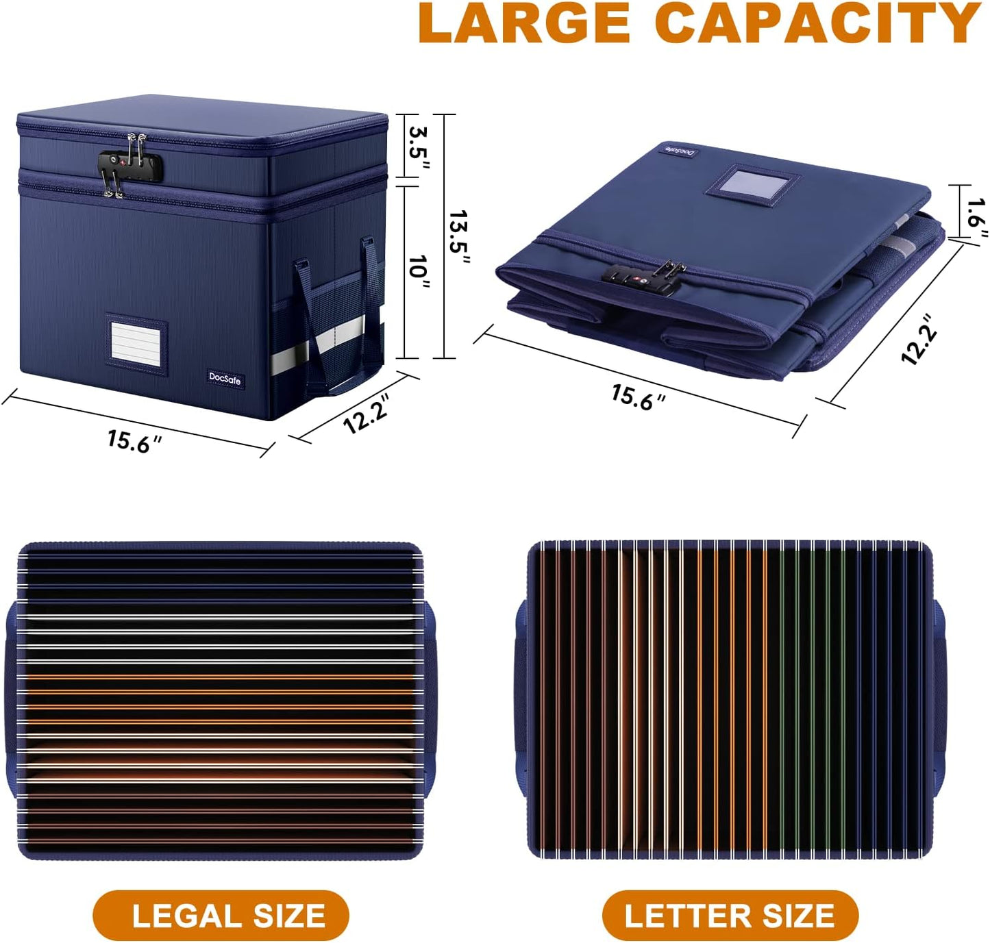 DocSafe File Box with Lock,Multi-Layer Fireproof Document Box Collapsible File Storage Organizer with Pockets/Handle,Large Portable Home Office Filing Box for Hanging Letter/Legal Size Folders,Blue