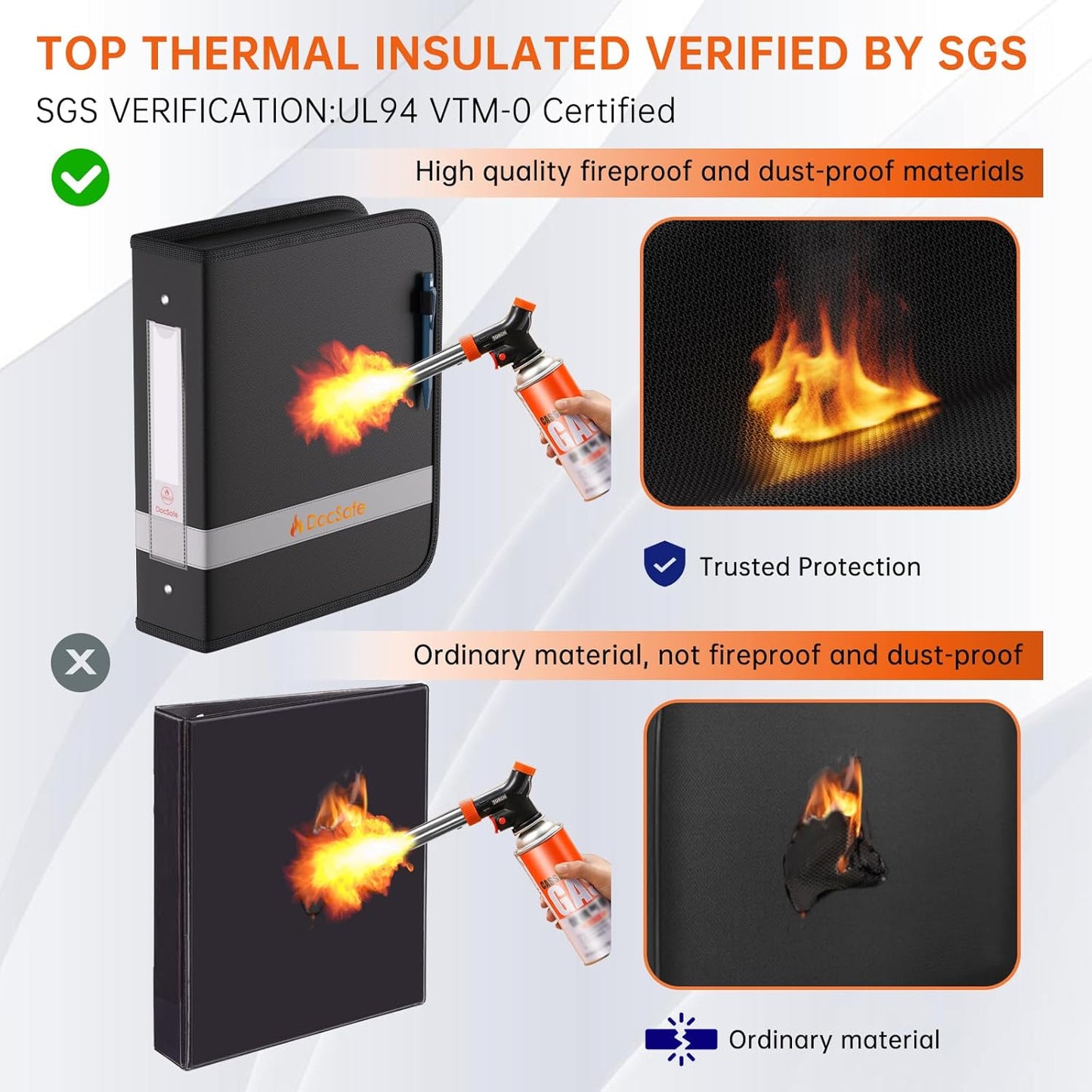 DocSafe 3 Ring Binder,Fireproof 2 Inch Round Ring Binder with Zipper,Fireproof&Dust-Proof Binder Three Ring 2" PVC-Free,Portable School Office Home Binder Supplies for Important Paper,Photos,Cards