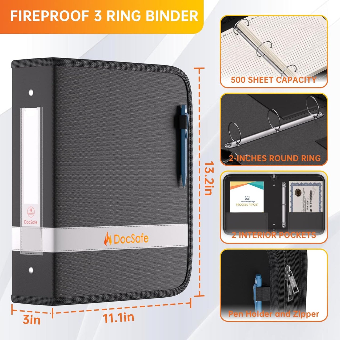 DocSafe 3 Ring Binder,Fireproof 2 Inch Round Ring Binder with Zipper,Fireproof&Dust-Proof Binder Three Ring 2" PVC-Free,Portable School Office Home Binder Supplies for Important Paper,Photos,Cards