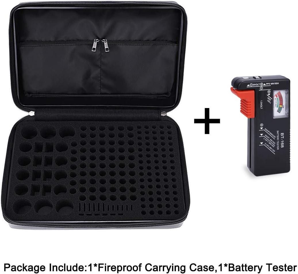 DocSafe Fireproof Battery Organizer Storage Box,Fireproof Waterproof Carrying Case Bag Holder,Safe Storage Holds 200+ Batteries AA AAA C D 9V, with Battery Tester BT-168 (Not Includes Batteries)