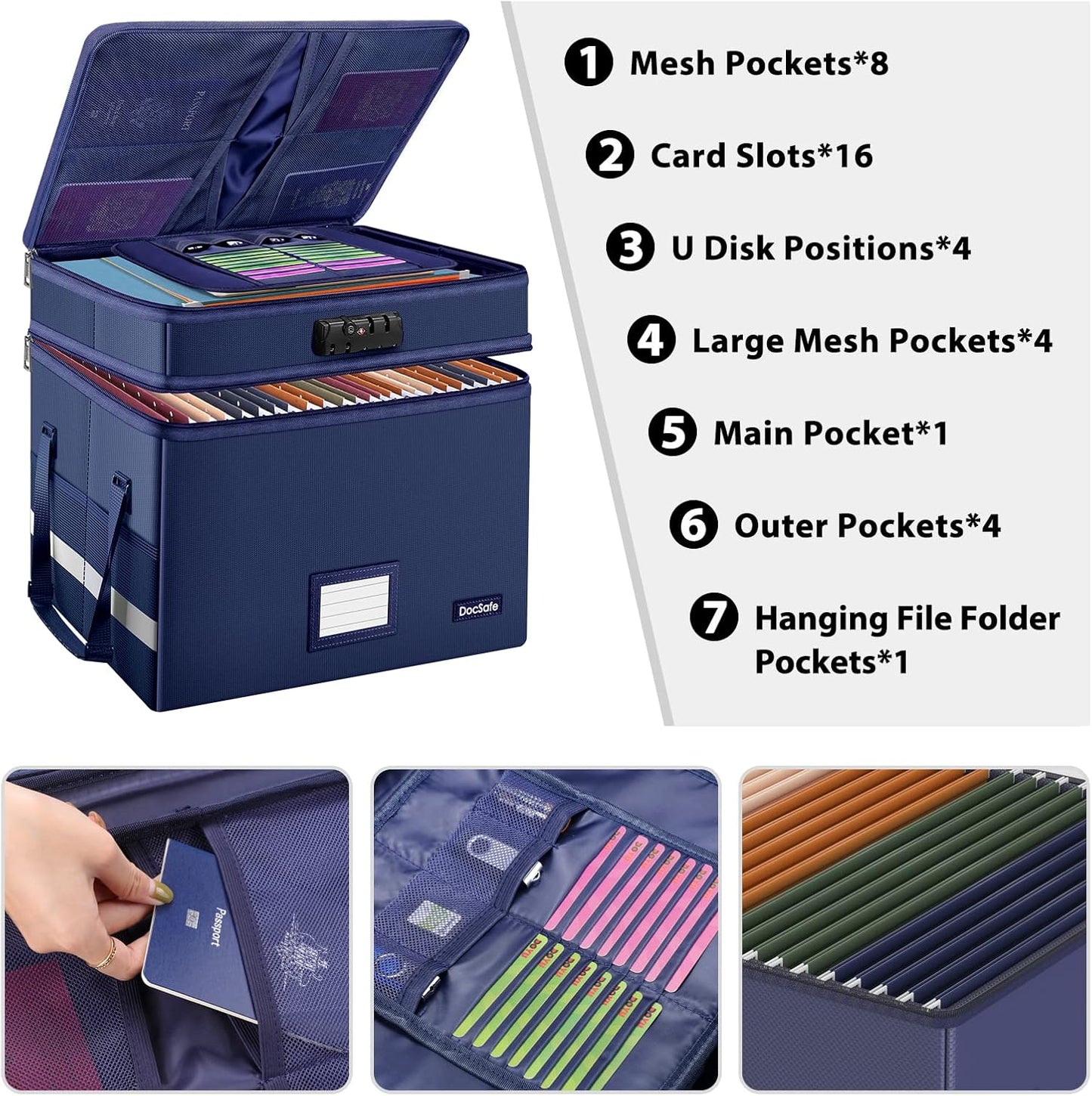 DocSafe File Box with Lock,Multi-Layer Fireproof Document Box Collapsible File Storage Organizer with Pockets/Handle,Large Portable Home Office Filing Box for Hanging Letter/Legal Size Folders,Blue