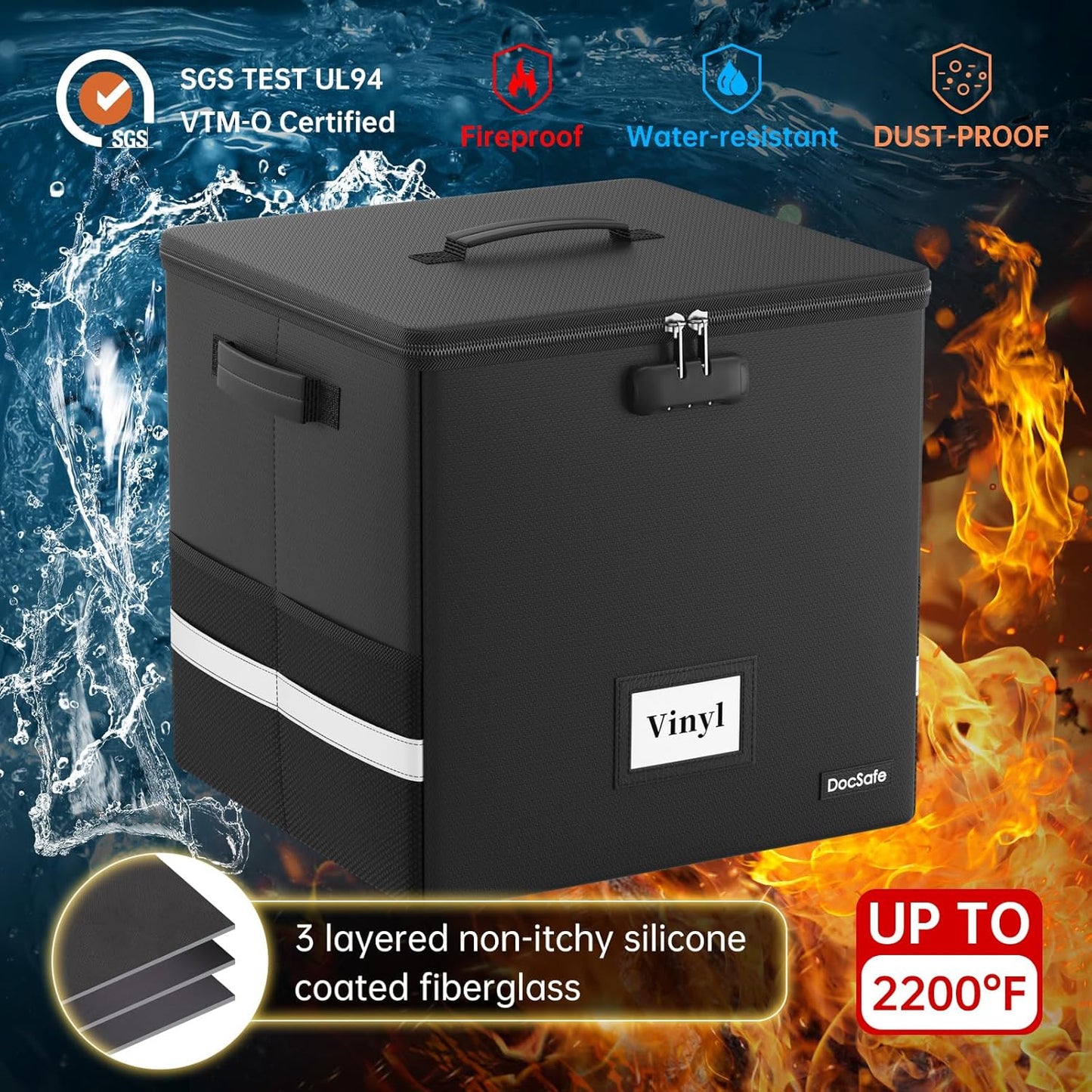 DocSafe Vinyl Record Storage Box with Lock,Fireproof&Water Resistant Record Organizer Storage for 100+ Single Records(12-inch),Collapsible Storage Crate with Lid&Handles for Valuable Album Collection