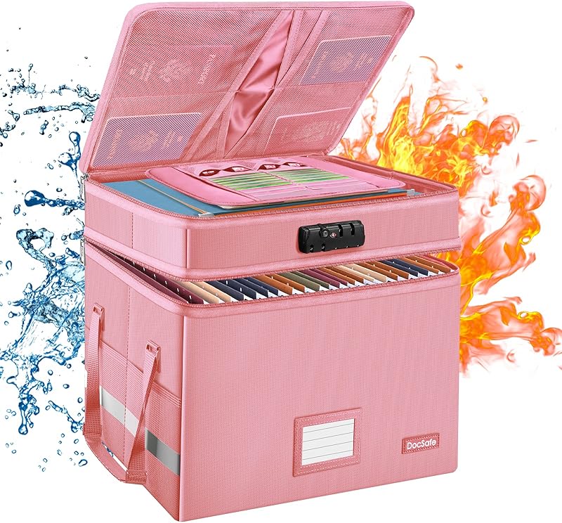 DocSafe File Box with Lock,Multi-Layer Fireproof Document Box Collapsible File Storage Organizer with Pockets/Handle,Large Portable Home Office Filing Box for Hanging Letter/Legal Size Folders,Blue