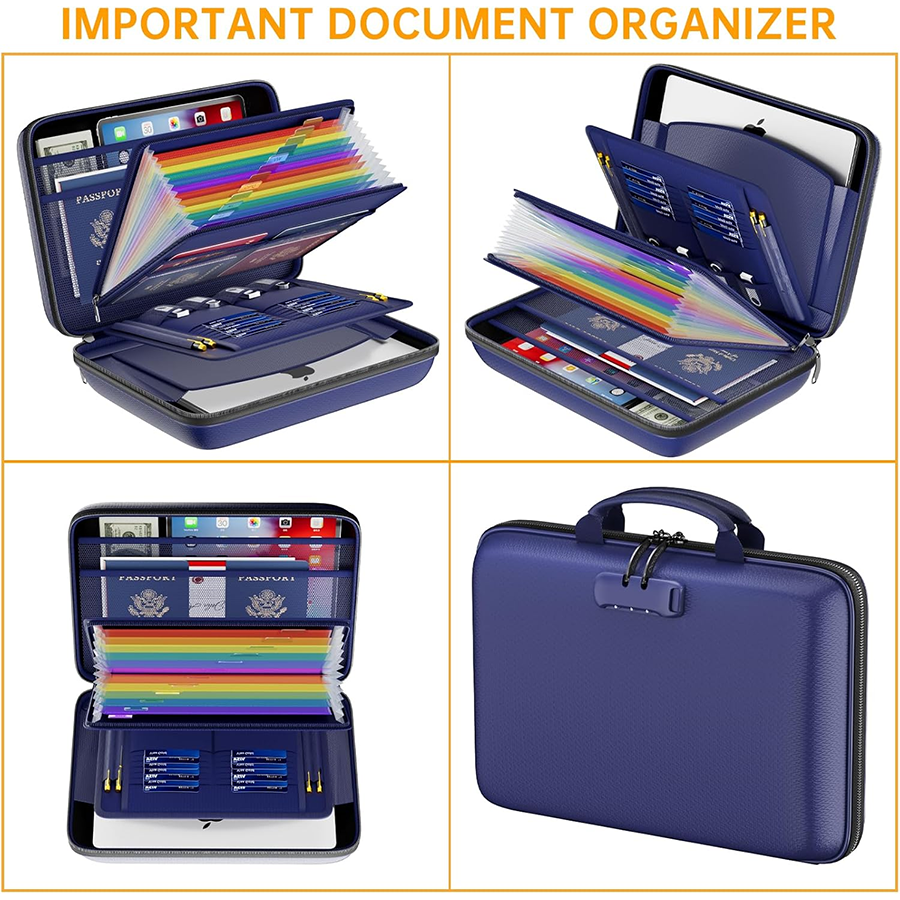 DocSafe Fireproof File Organizer with Lock, Hard-Shell Case Fireproof Document Box with 13 Pocket Accordion File Folder, Portable Home Office Travel Safe Storage for Important Documents Laptop Blue