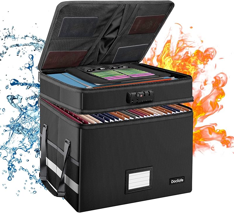 DocSafe File Box with Lock,Multi-Layer Fireproof Document Box Collapsible File Storage Organizer with Pockets/Handle,Large Portable Home Office Filing Box for Hanging Letter/Legal Size Folders,Blue