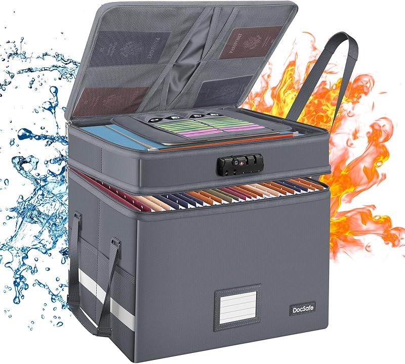 DocSafe File Box with Lock,Multi-Layer Fireproof Document Box Collapsible File Storage Organizer with Pockets/Handle,Large Portable Home Office Filing Box for Hanging Letter/Legal Size Folders,Blue