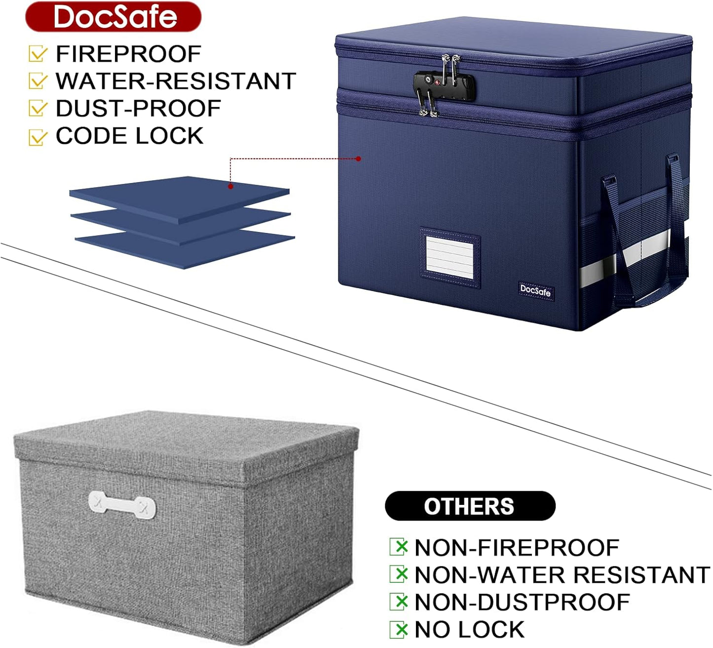 DocSafe File Box with Lock,Multi-Layer Fireproof Document Box Collapsible File Storage Organizer with Pockets/Handle,Large Portable Home Office Filing Box for Hanging Letter/Legal Size Folders,Blue