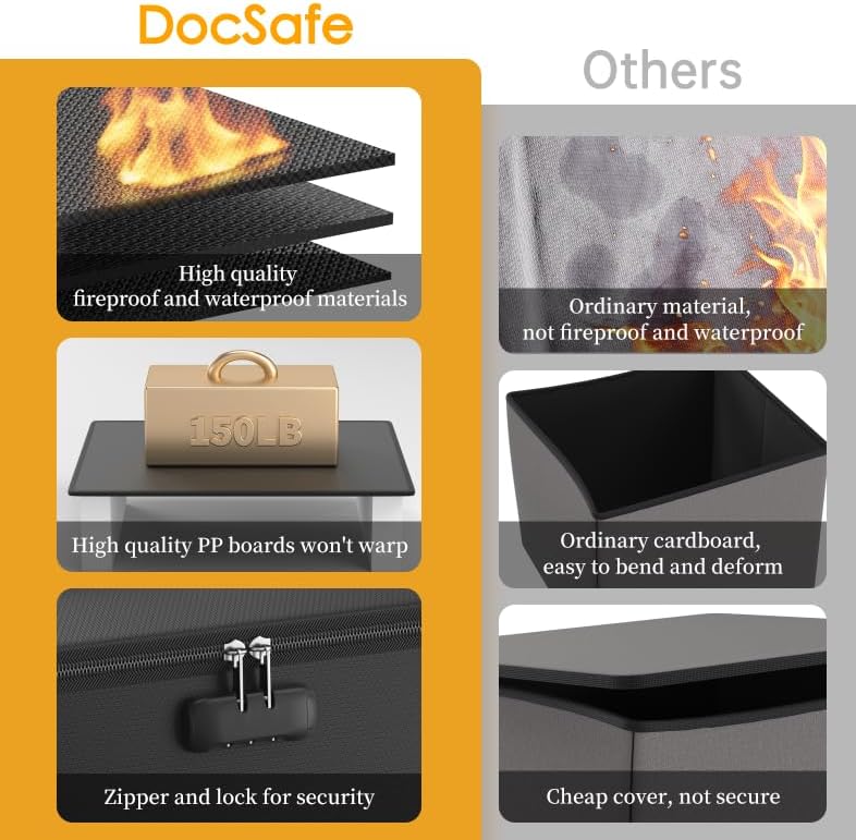 DocSafe Vinyl Record Storage Box with Lock,Fireproof&Water Resistant Record Organizer Storage for 100+ Single Records(12-inch),Collapsible Storage Crate with Lid&Handles for Valuable Album Collection