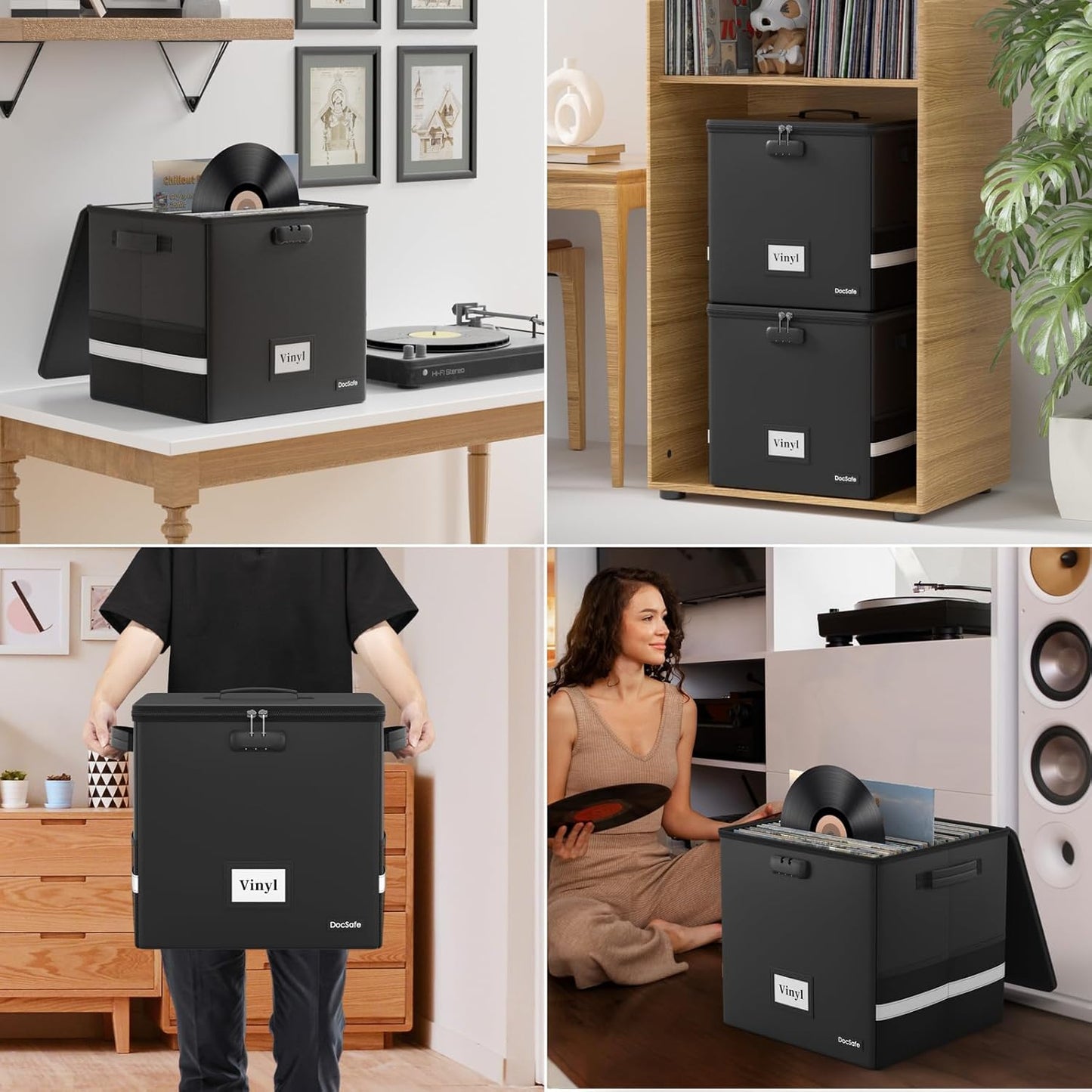 DocSafe Vinyl Record Storage Box with Lock,Fireproof&Water Resistant Record Organizer Storage for 100+ Single Records(12-inch),Collapsible Storage Crate with Lid&Handles for Valuable Album Collection