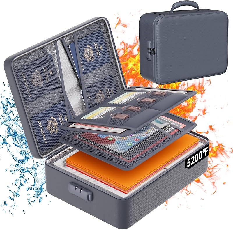 DocSafe 5200°F Document Organizer with Lock,Upgraded Heat Insulated Fireproof&Waterproof Box 8 Layers File Organizer,Portable Home Travel Safe Storage for Important Documents, Files and More