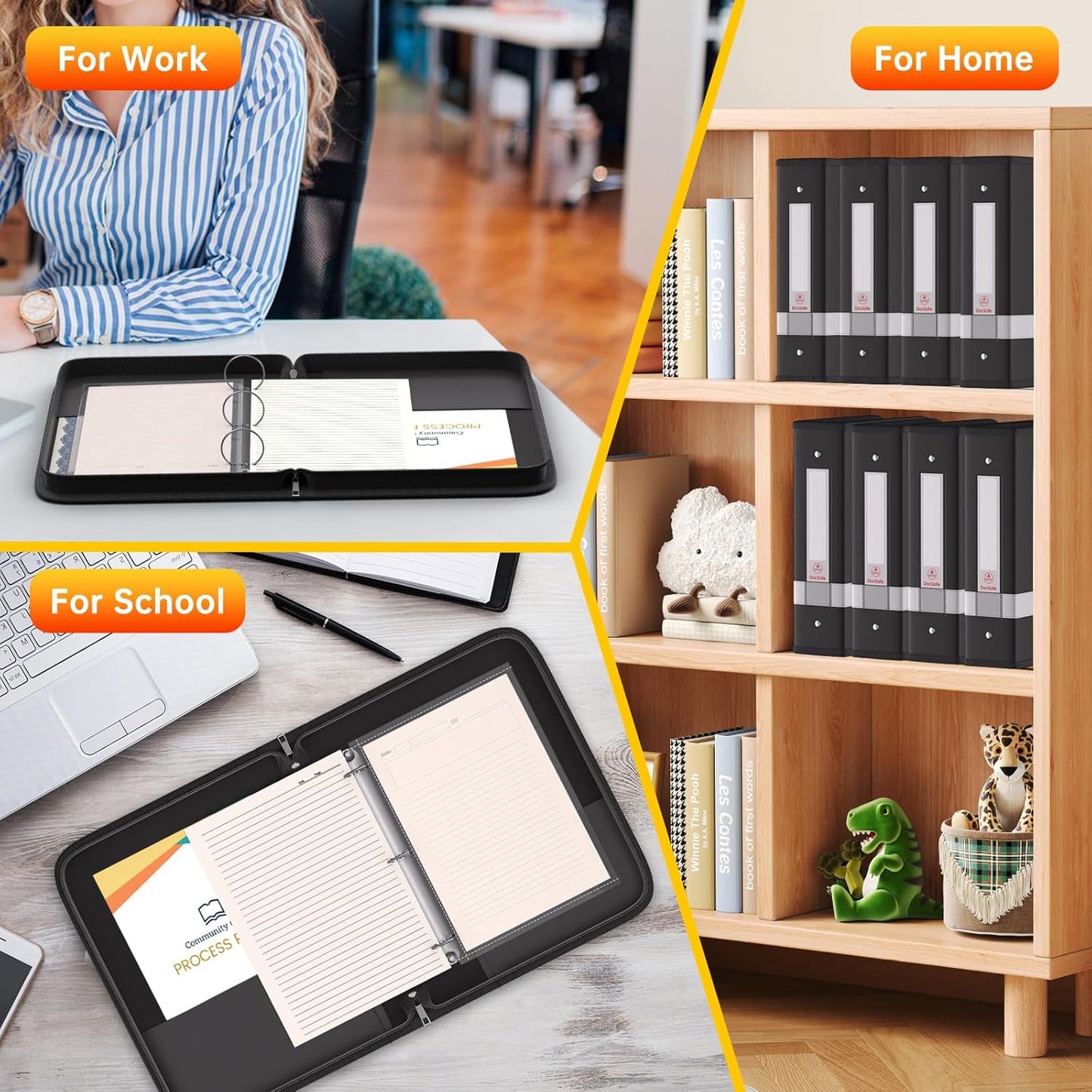 DocSafe 3 Ring Binder,Fireproof 2 Inch Round Ring Binder with Zipper,Fireproof&Dust-Proof Binder Three Ring 2" PVC-Free,Portable School Office Home Binder Supplies for Important Paper,Photos,Cards