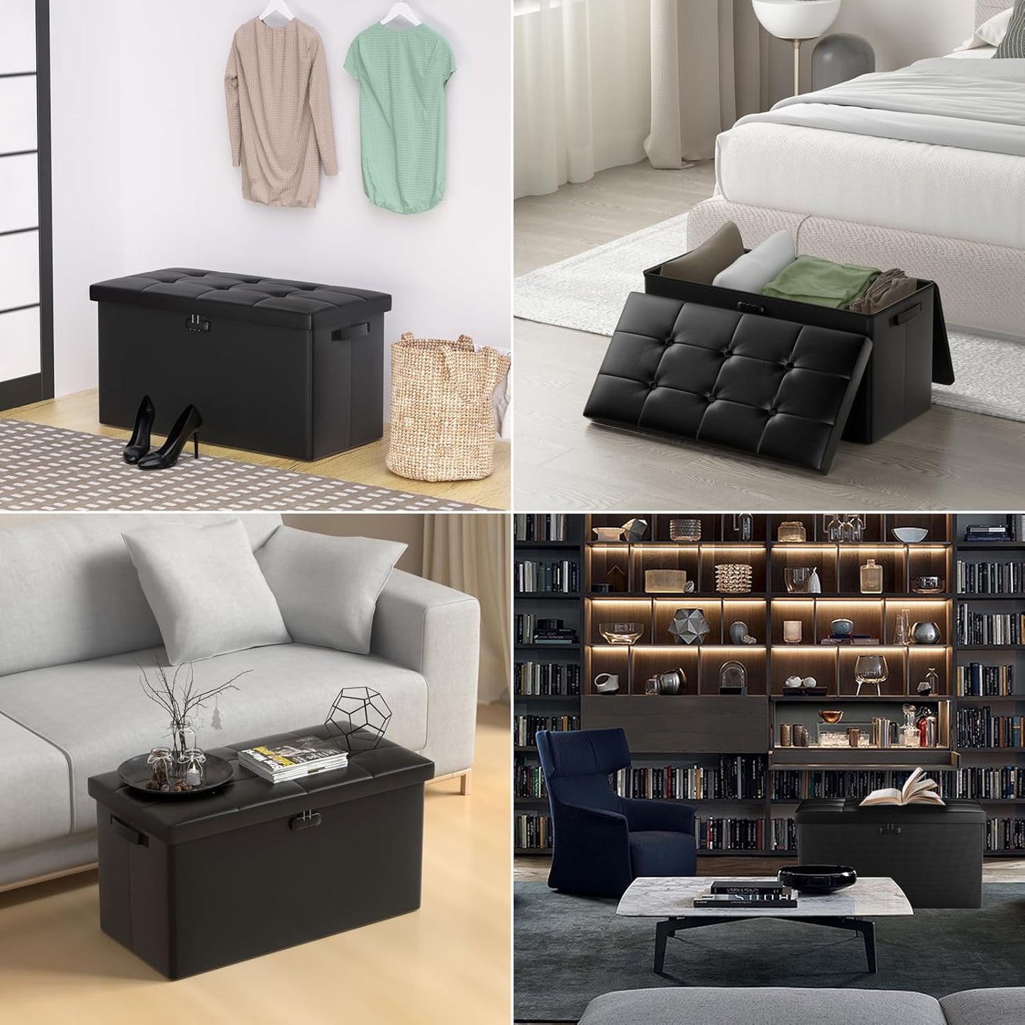 DocSafe Storage Ottoman Bench with Lock,Fireproof Folding Storage Bench Foot Rest Stool Storage Chest with Storage Safe for Important Documents,Waterproof Leather 30 Inches Ottoman with Handles,Black