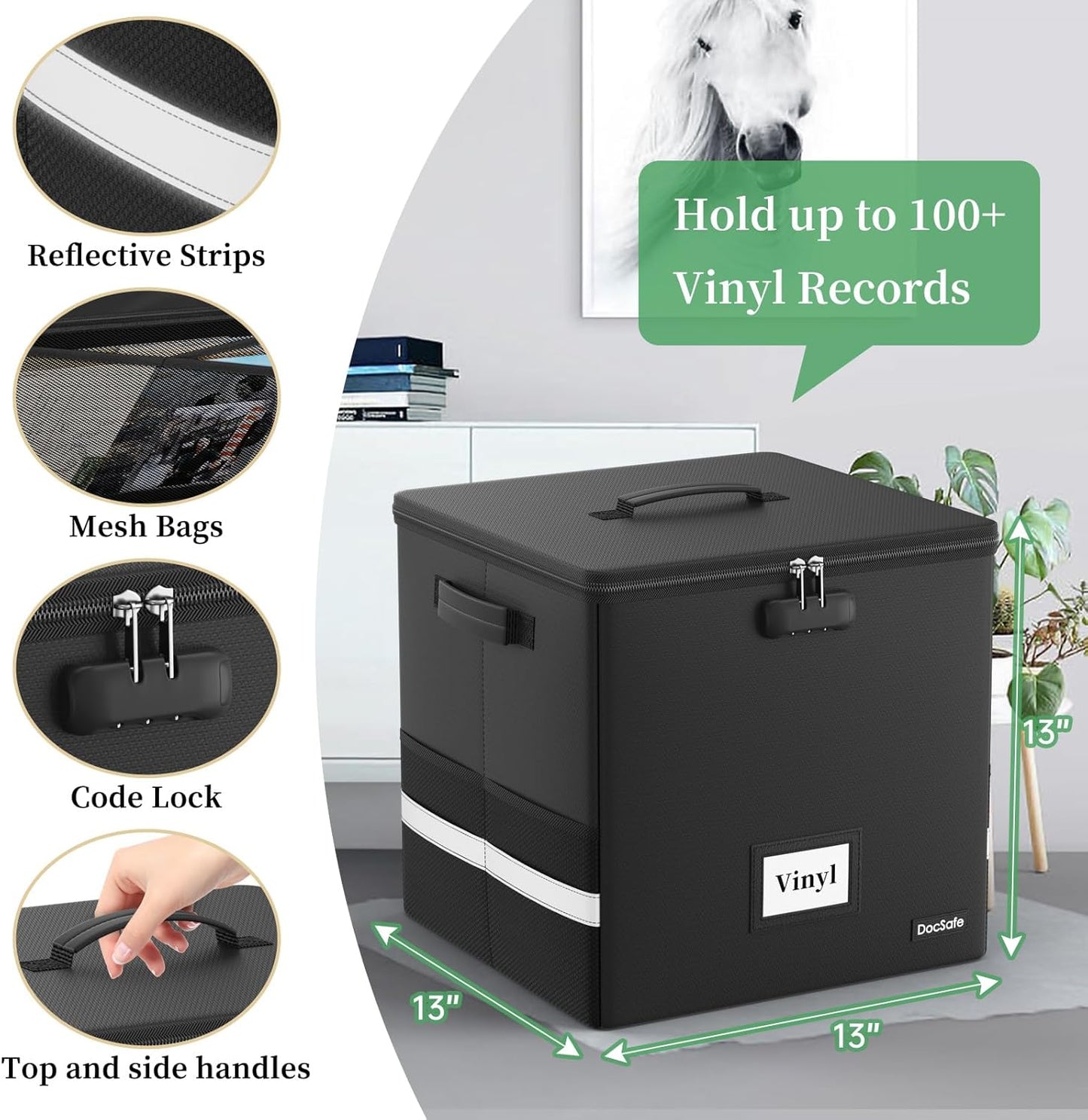 DocSafe Vinyl Record Storage Box with Lock,Fireproof&Water Resistant Record Organizer Storage for 100+ Single Records(12-inch),Collapsible Storage Crate with Lid&Handles for Valuable Album Collection