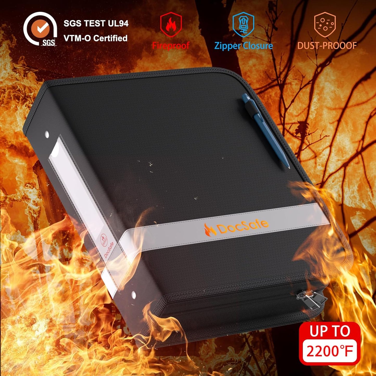 DocSafe 3 Ring Binder,Fireproof 2 Inch Round Ring Binder with Zipper,Fireproof&Dust-Proof Binder Three Ring 2" PVC-Free,Portable School Office Home Binder Supplies for Important Paper,Photos,Cards