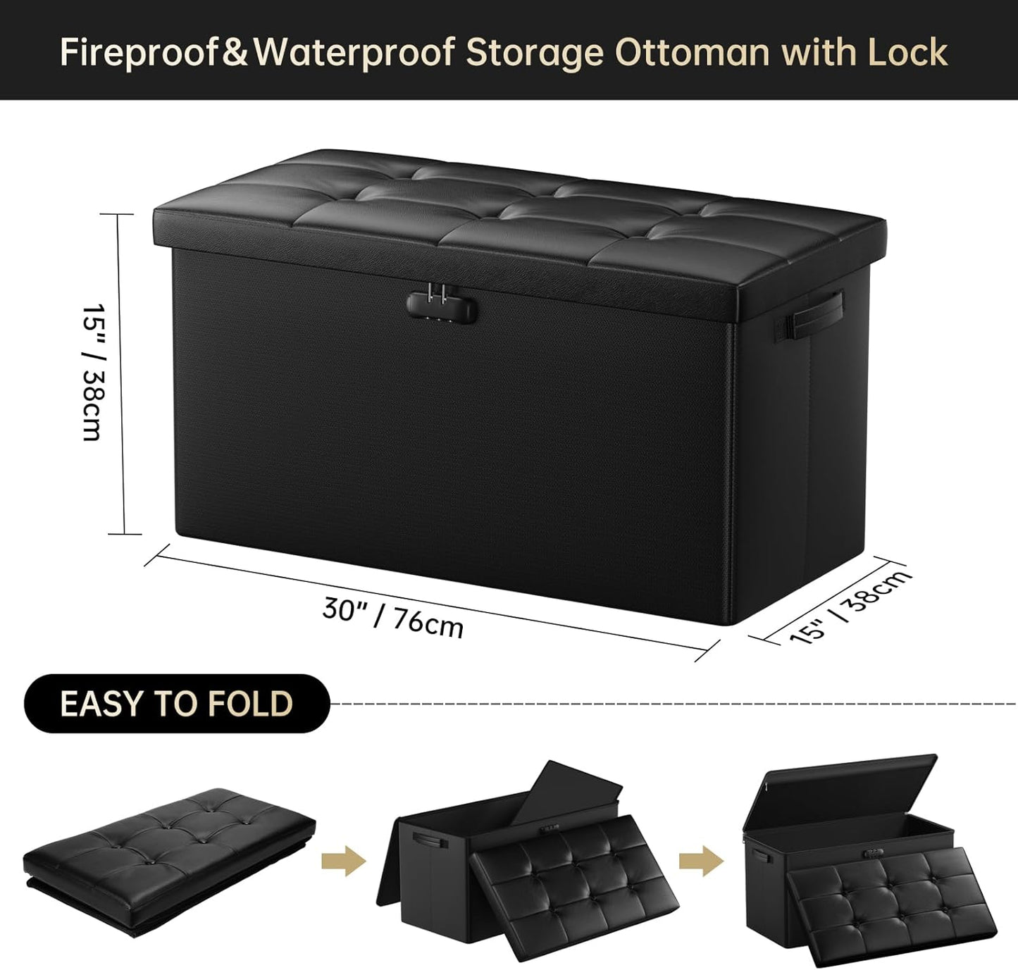 DocSafe Storage Ottoman Bench with Lock,Fireproof Folding Storage Bench Foot Rest Stool Storage Chest with Storage Safe for Important Documents,Waterproof Leather 30 Inches Ottoman with Handles,Black