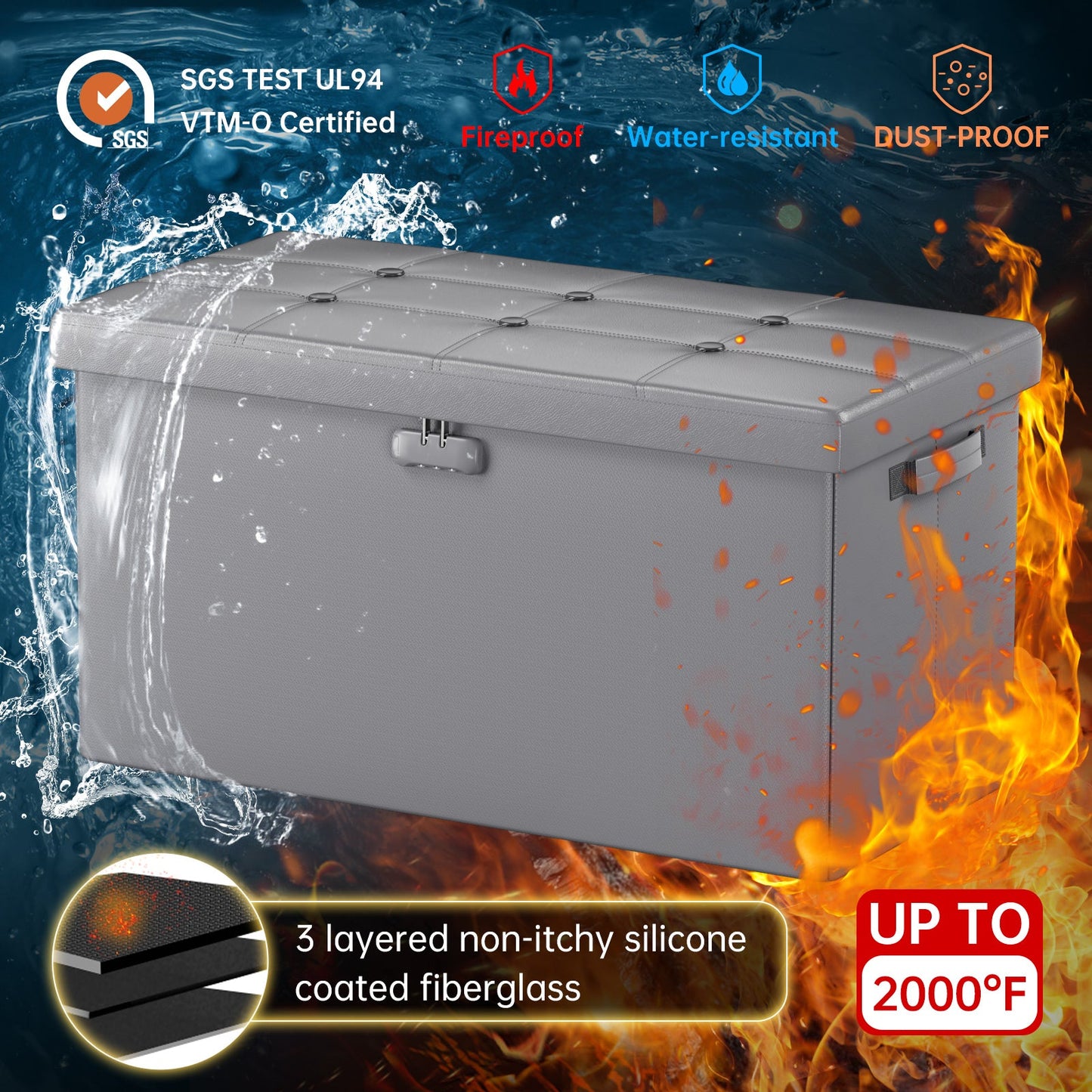 Brown Fireproof Storage Ottoman Bench Folding Bench with Lock