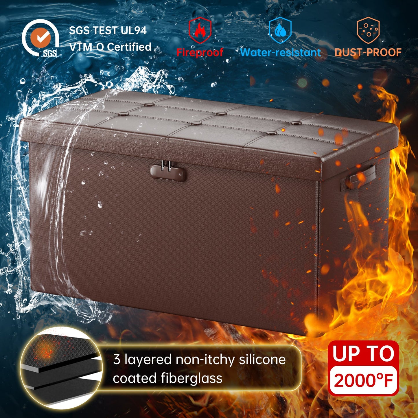 Brown Fireproof Storage Ottoman Bench Folding Bench with Lock