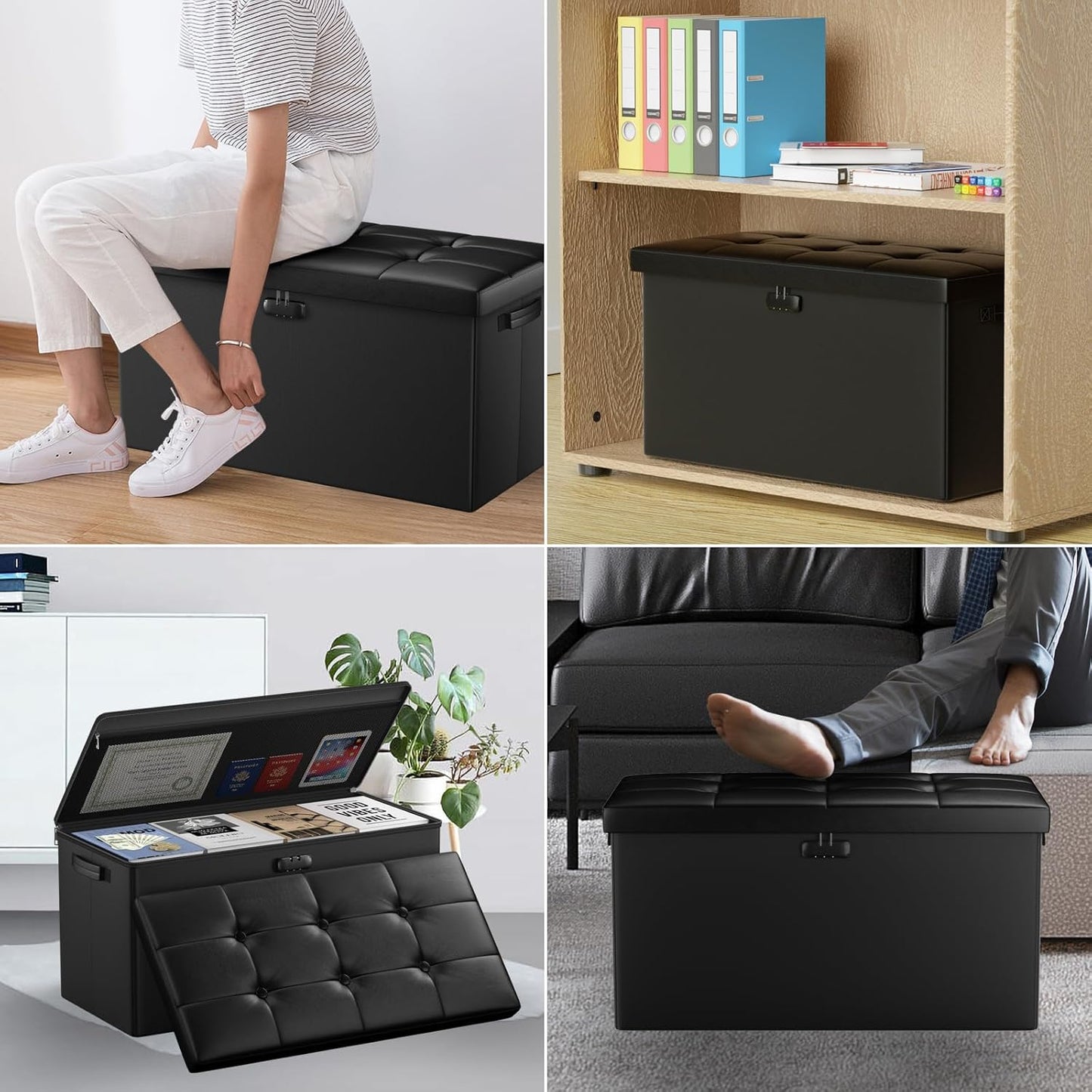 DocSafe Storage Ottoman Bench with Lock,Fireproof Folding Storage Bench Foot Rest Stool Storage Chest with Storage Safe for Important Documents,Waterproof Leather 30 Inches Ottoman with Handles,Black