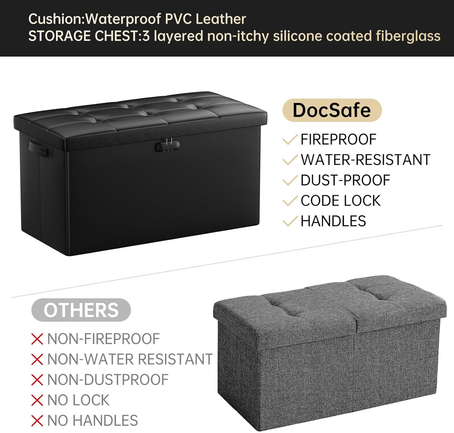 DocSafe Storage Ottoman Bench with Lock,Fireproof Folding Storage Bench Foot Rest Stool Storage Chest with Storage Safe for Important Documents,Waterproof Leather 30 Inches Ottoman with Handles,Black