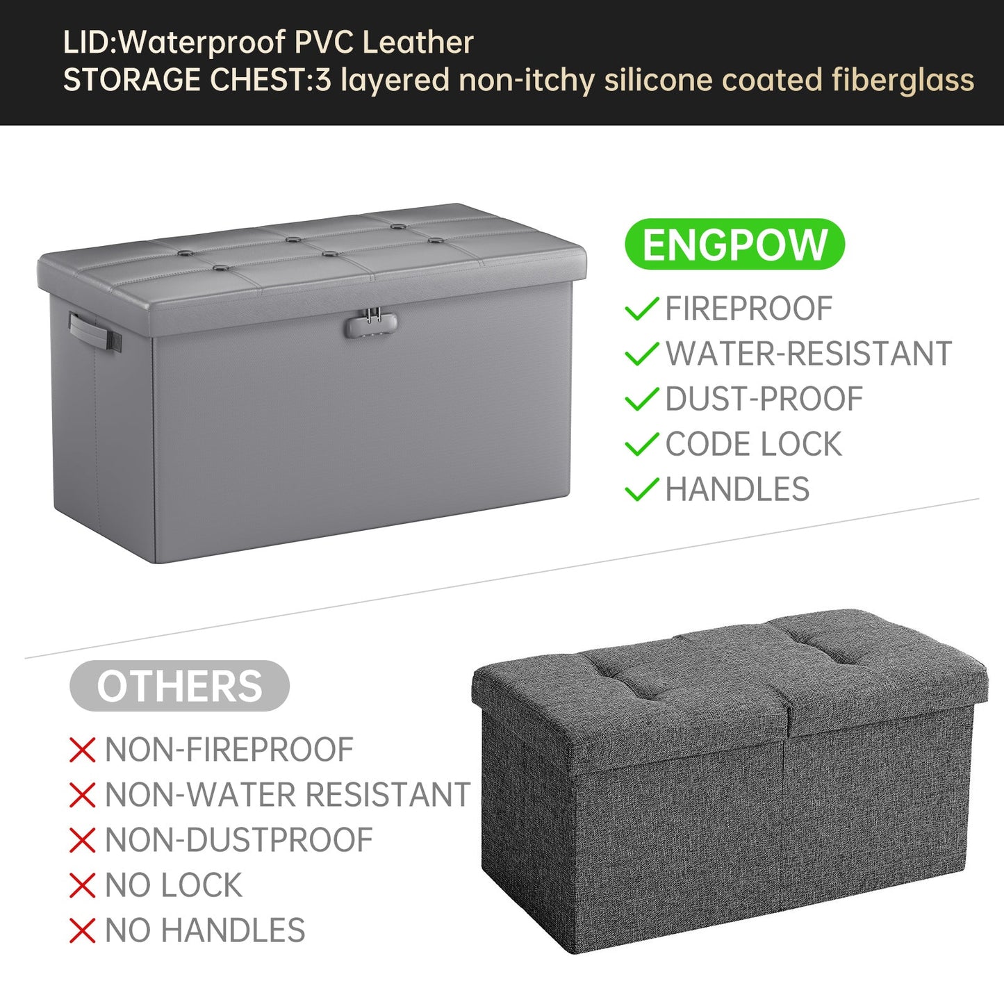 Pink Fireproof Storage Ottoman Bench Folding Bench with Lock