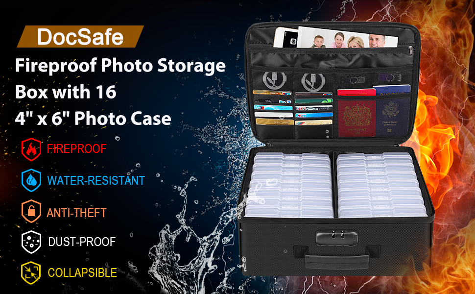 Photo Storage Box with Lock,DocSafe Fireproof Photo Organizer Box with 16 Inner 4" x 6" Photo Case(Clear),Collapsible Portable Photo Filing Safe Storage with Water-Resistant Zipper for Photos,Picture