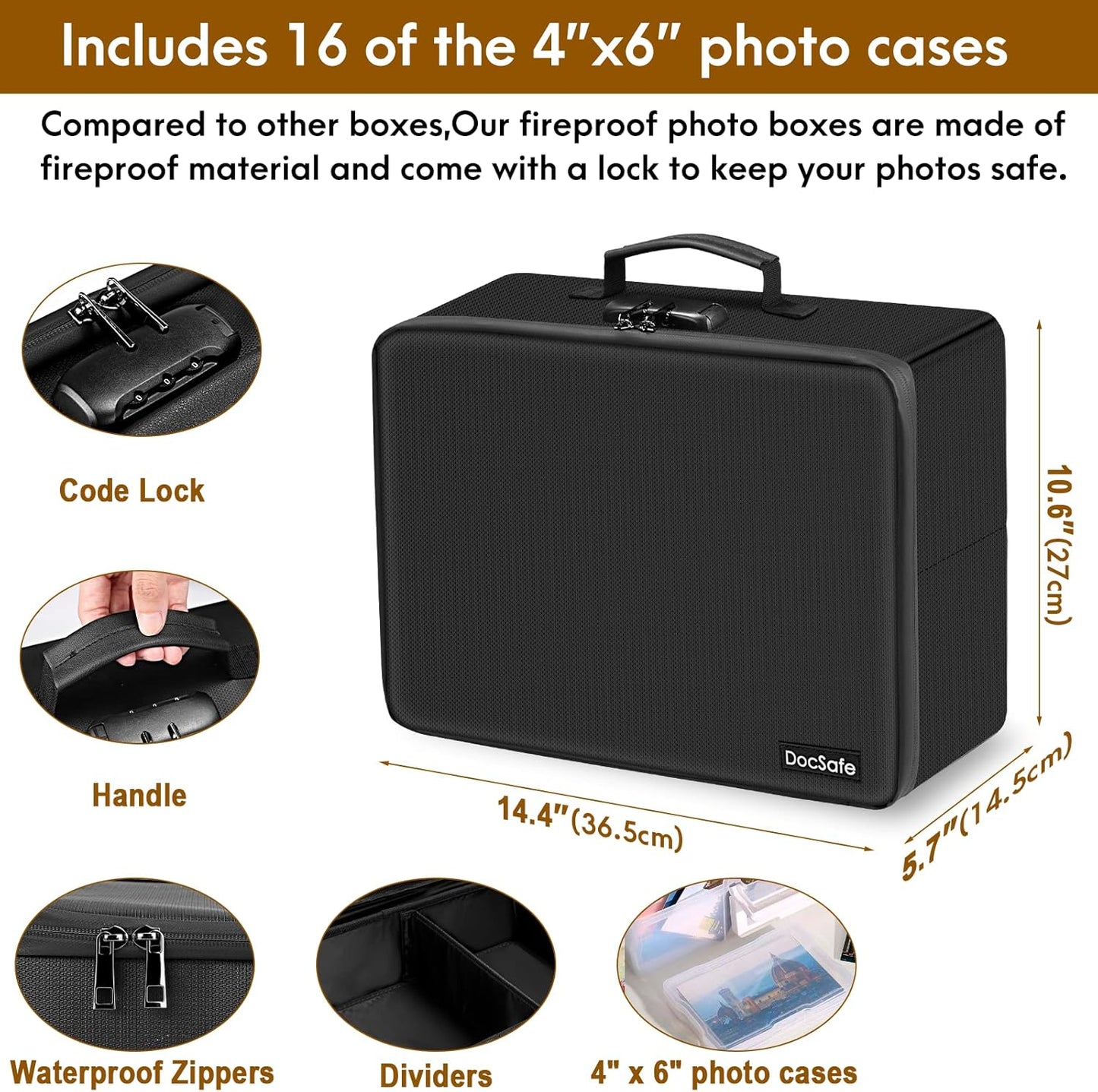 Photo Storage Box with Lock,DocSafe Fireproof Photo Organizer Box with 16 Inner 4" x 6" Photo Case(Clear),Collapsible Portable Photo Filing Safe Storage with Water-Resistant Zipper for Photos,Picture