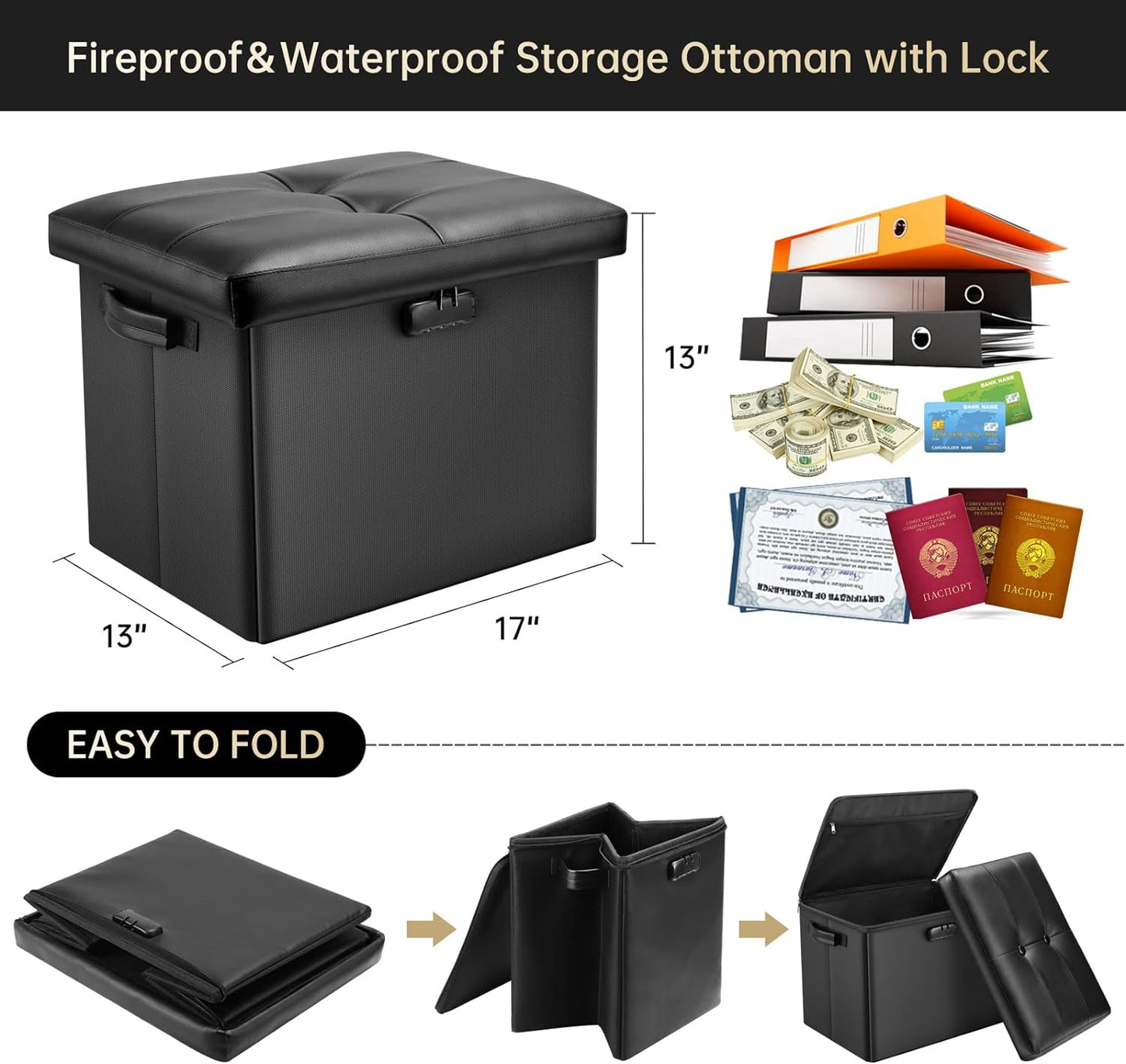 DocSafe Storage Ottoman with Lock,Fireproof Folding Ottoman Foot Rest Stool Storage Chest with Storage Safe for Important Documents,Waterproof 17 Inches Short Ottoman Foot Stool with Handles,Black