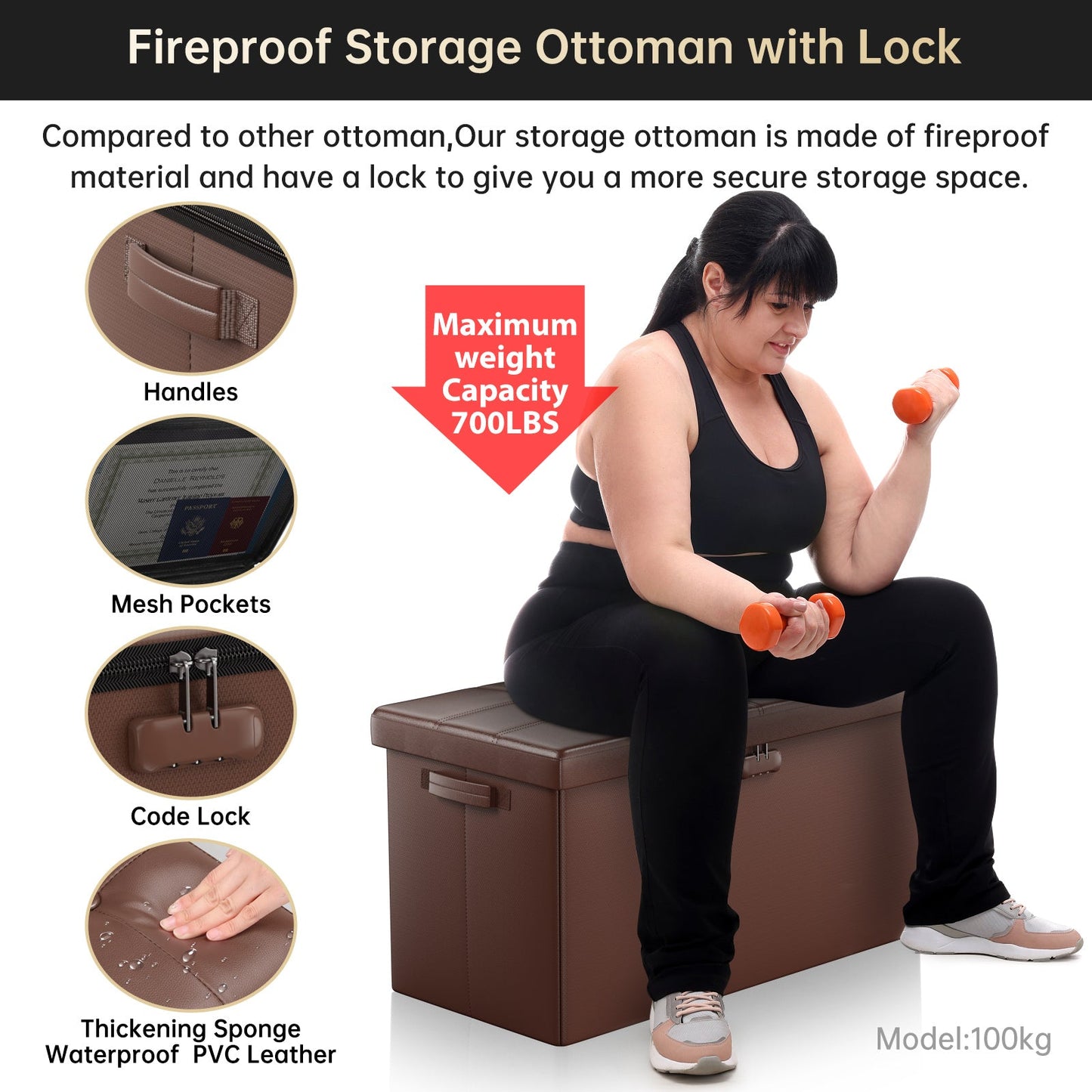 Brown Fireproof Storage Ottoman Bench Folding Bench with Lock