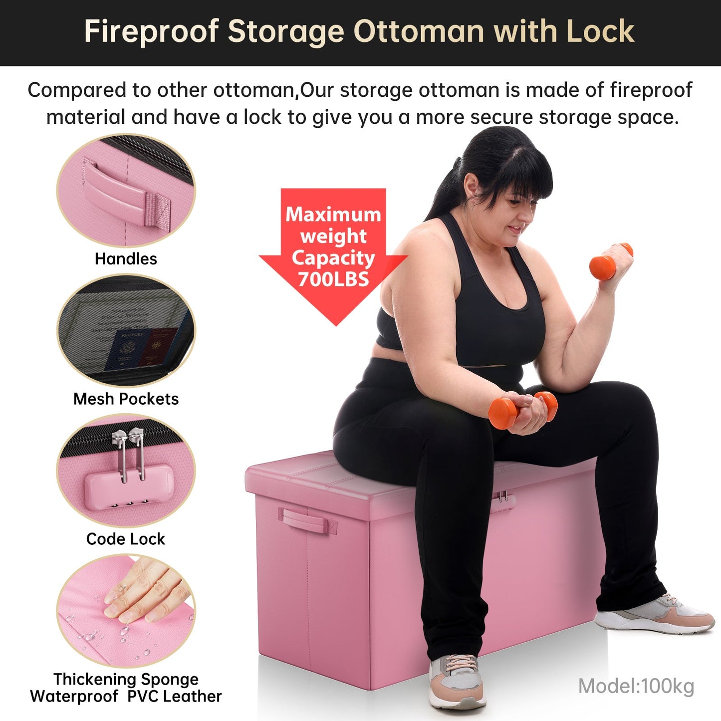 Pink Fireproof Storage Ottoman Bench Folding Bench with Lock