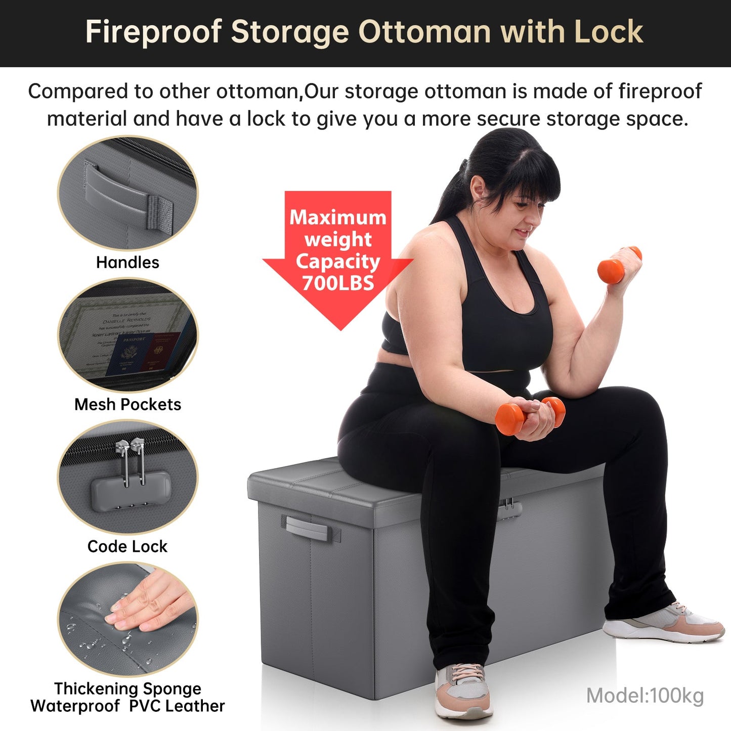 Gray Fireproof Storage Ottoman Bench Folding Bench with Lock