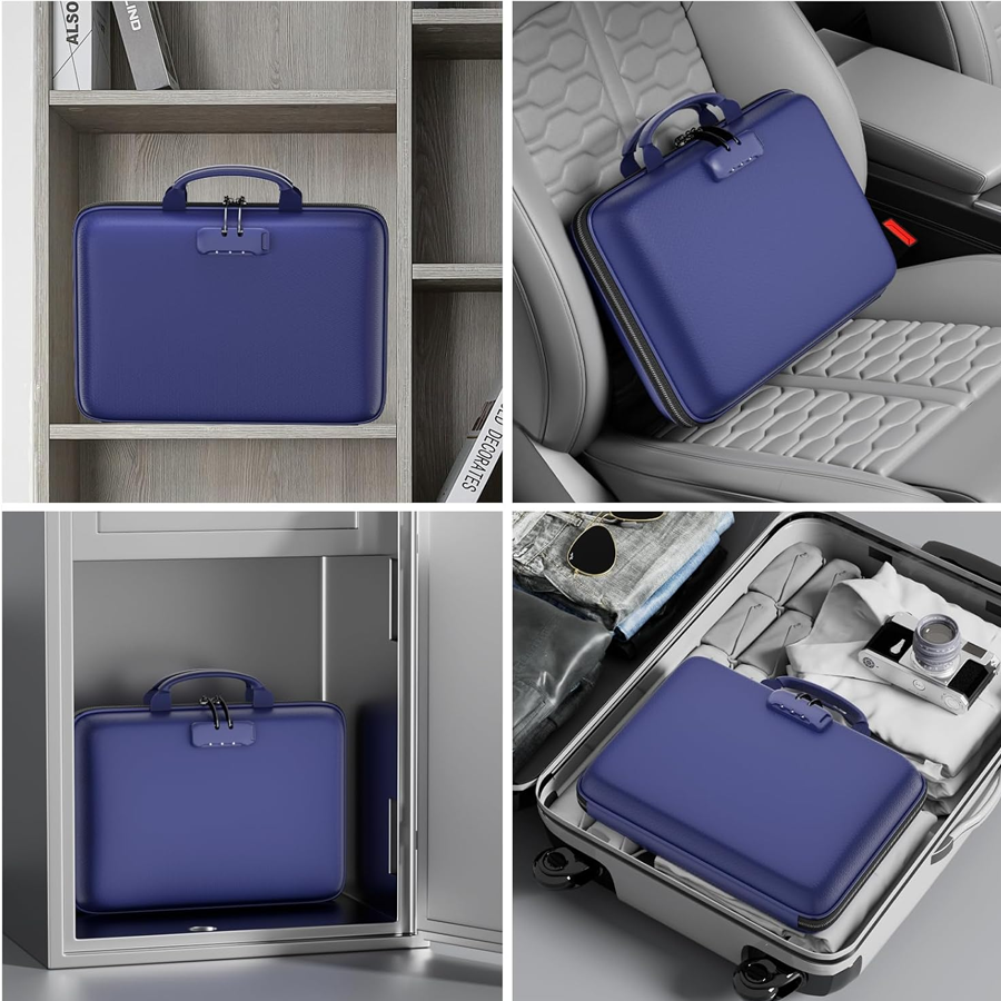 DocSafe Fireproof File Organizer with Lock, Hard-Shell Case Fireproof Document Box with 13 Pocket Accordion File Folder, Portable Home Office Travel Safe Storage for Important Documents Laptop Blue