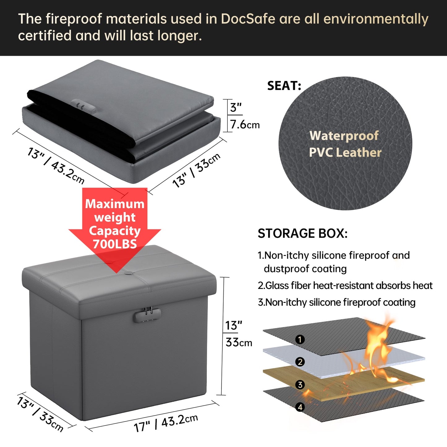 M Size Fireproof Storage Ottoman