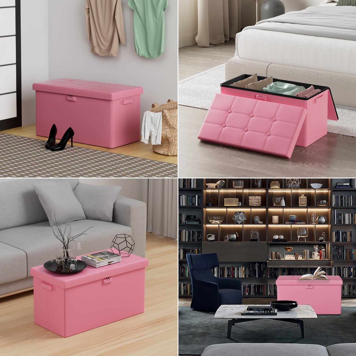Pink Fireproof Storage Ottoman Bench Folding Bench with Lock
