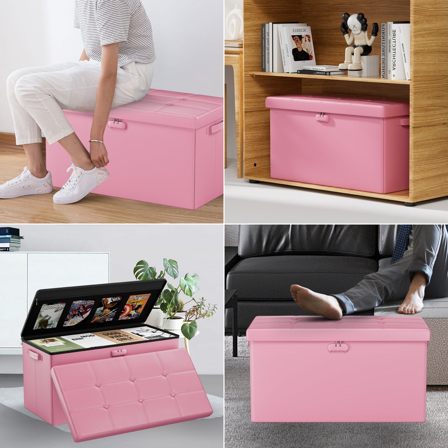 Brown Fireproof Storage Ottoman Bench Folding Bench with Lock