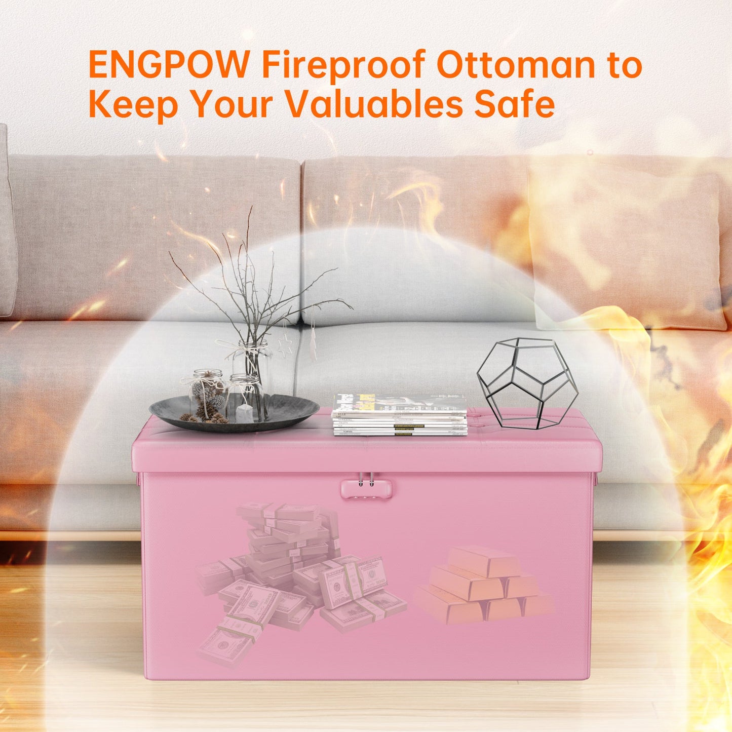 Gray Fireproof Storage Ottoman Bench Folding Bench with Lock