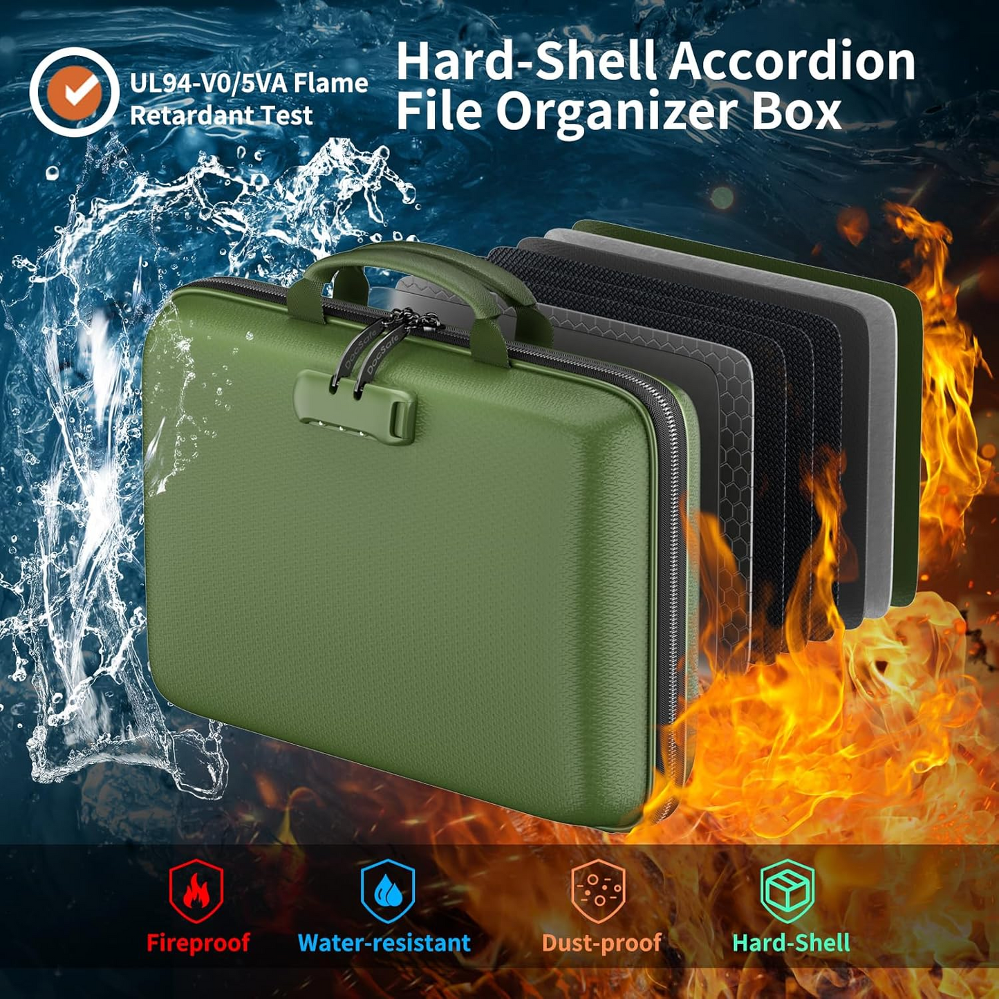 DocSafe Fireproof File Organizer with Lock, Hard-Shell Case Fireproof Document Box with 13 Pocket Accordion File Folder, Portable Home Office Travel Safe Storage for Important Documents Laptop Green