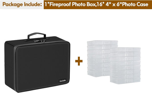 Photo Storage Box with Lock,DocSafe Fireproof Photo Organizer Box with 16 Inner 4" x 6" Photo Case(Clear),Collapsible Portable Photo Filing Safe Storage with Water-Resistant Zipper for Photos,Picture