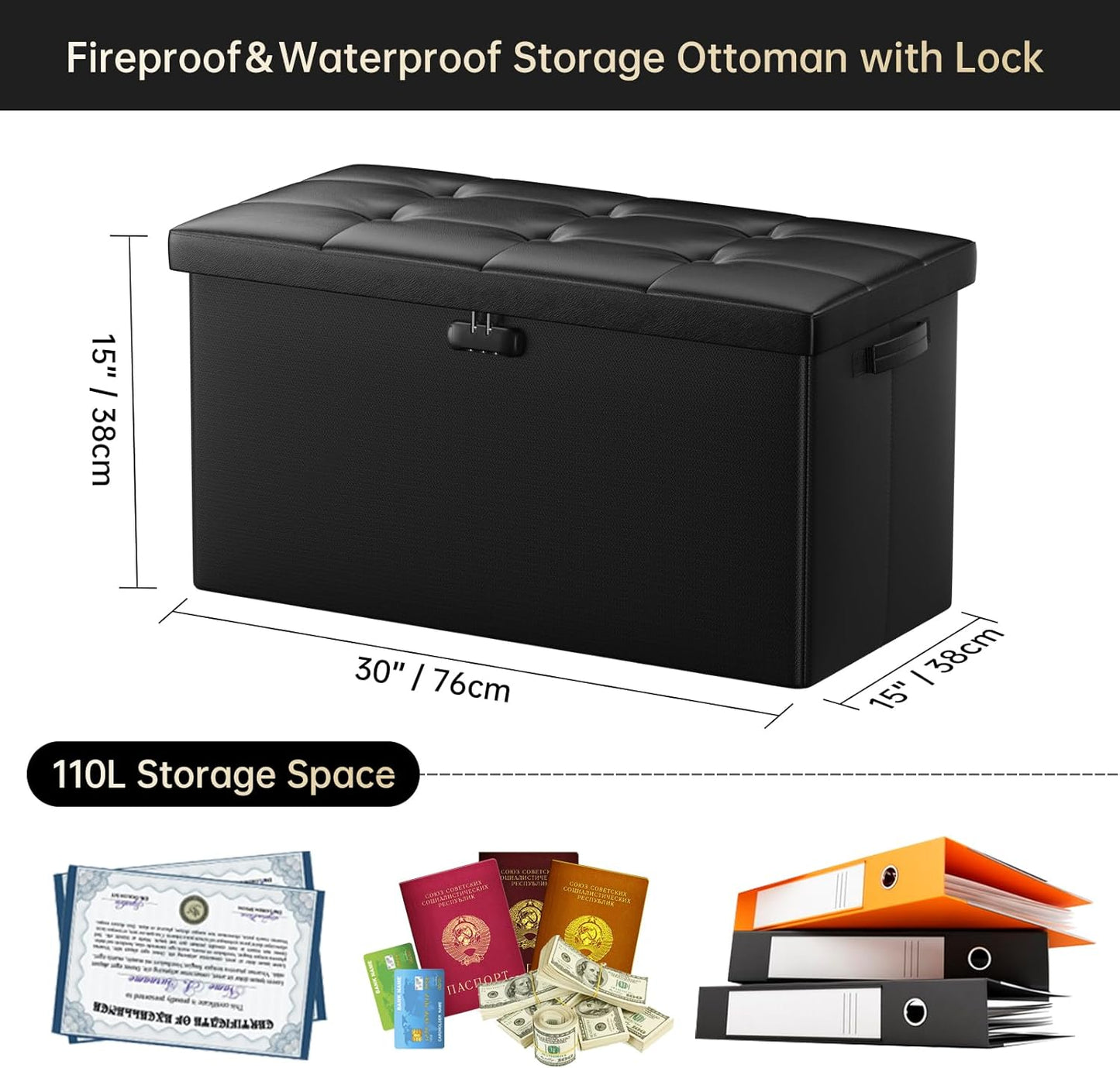 DocSafe Storage Ottoman Bench with Lock,Fireproof Folding Storage Bench Foot Rest Stool Storage Chest with Storage Safe for Important Documents,Waterproof Leather 30 Inches Ottoman with Handles,Black